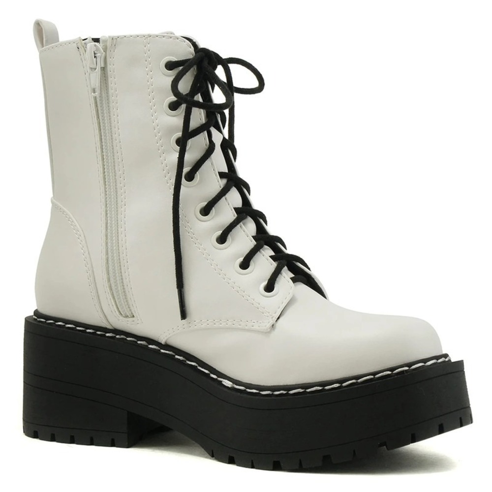 Women Combat Platform Lug Sole Block Heel Ankle Boots White Lace Up Size 7